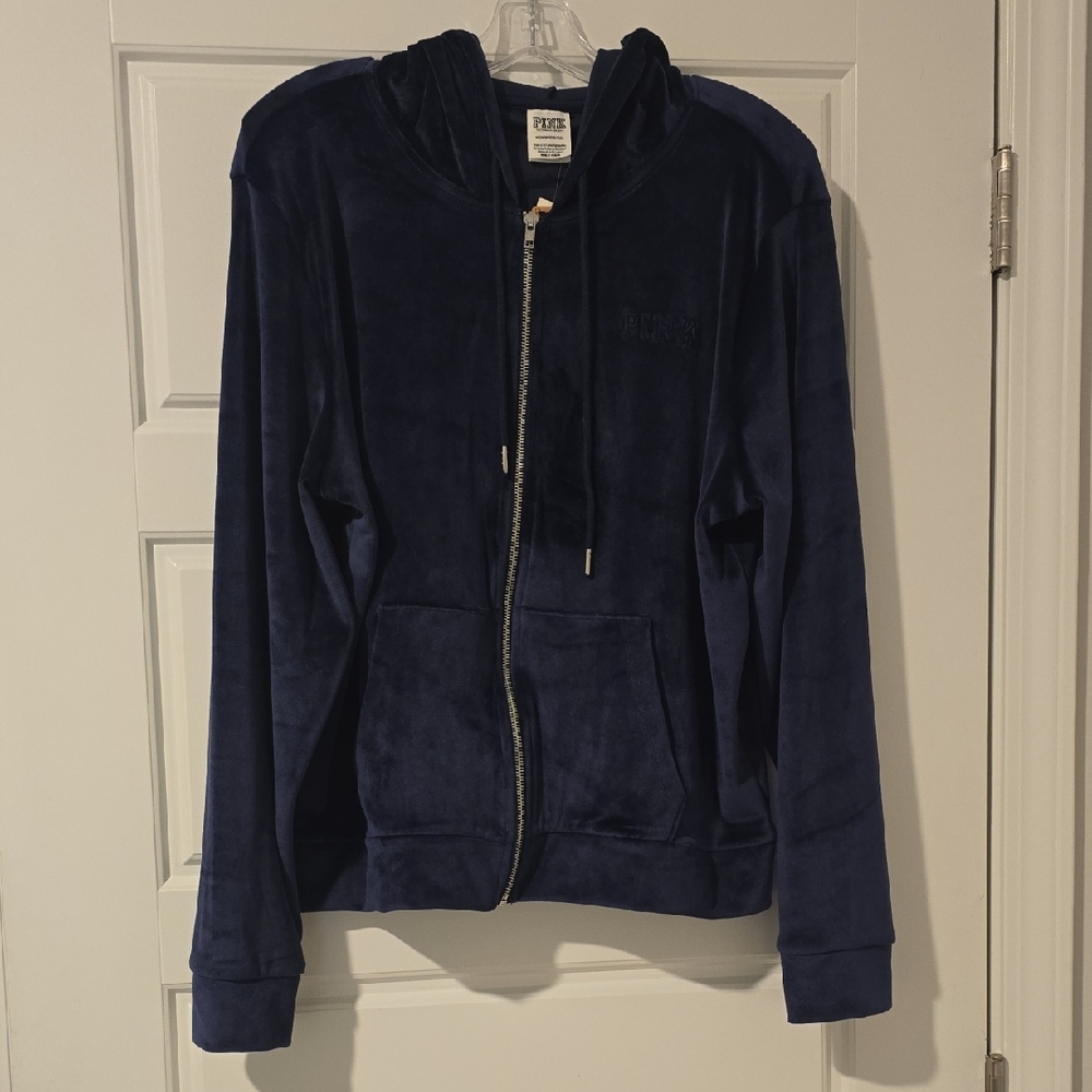 NWT-PINK Victoria's Secret Navy Blue Velour Hoodie Jacket- XL